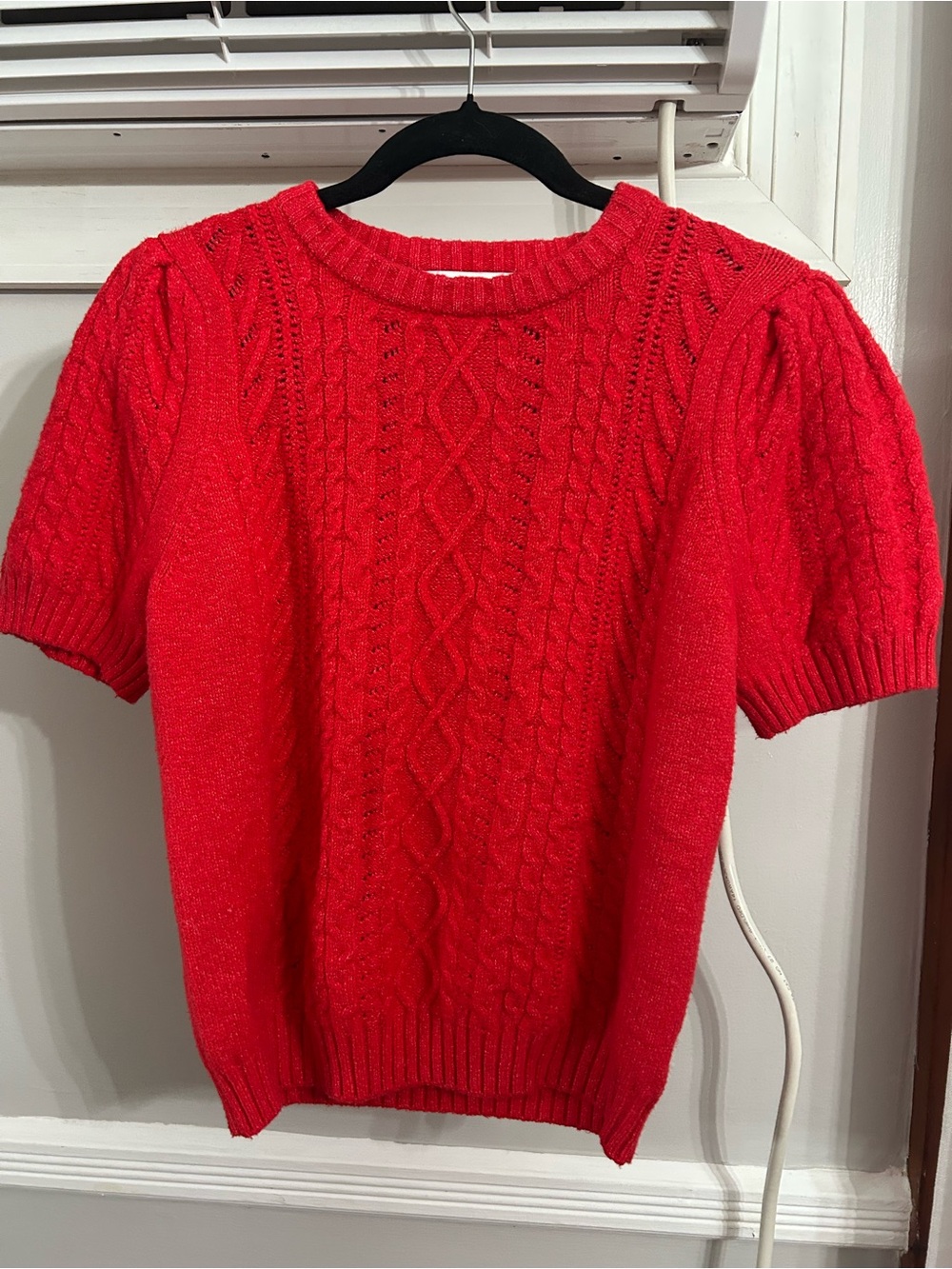Red Cable Knit Short-Sleeve Sweater - Women's